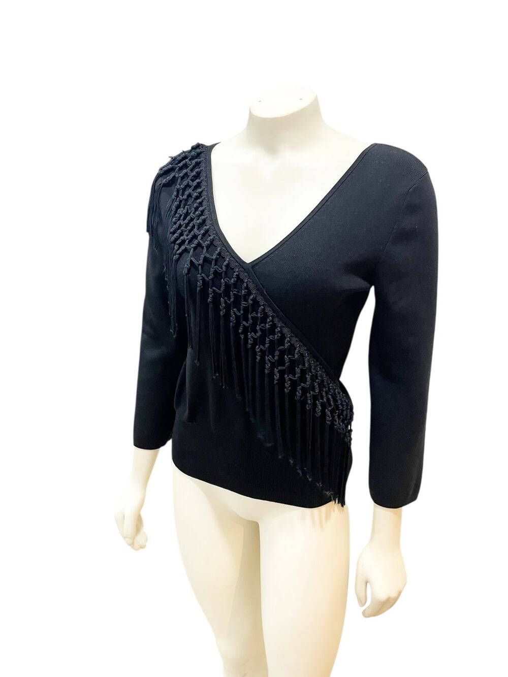Cache Asymmetrical Fringe Tassel Silk Top Black Quarter Sleeve Large